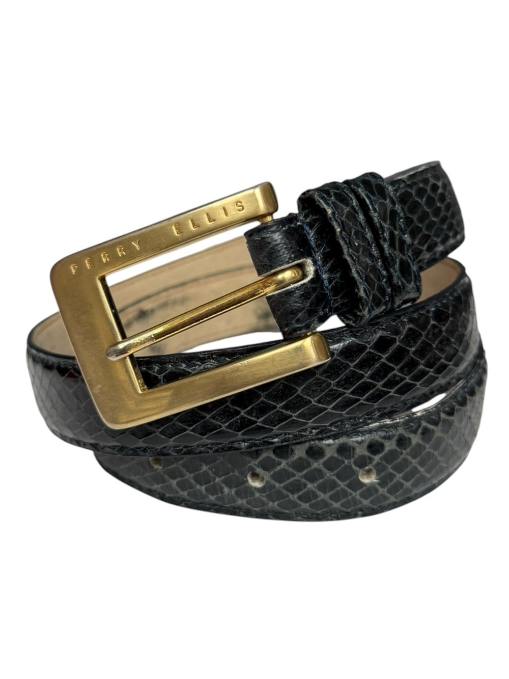 Vintage Black Perry Ellis Genuine Snake Skin Belt Size Medium Classic Business